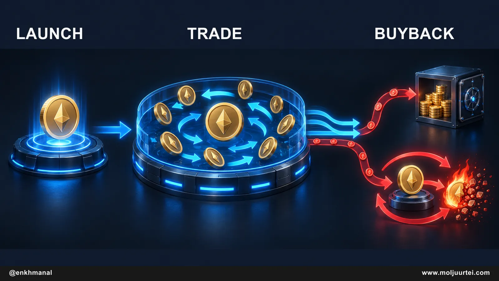 Token launch and trading generate fees, part of which fund buyback and burn