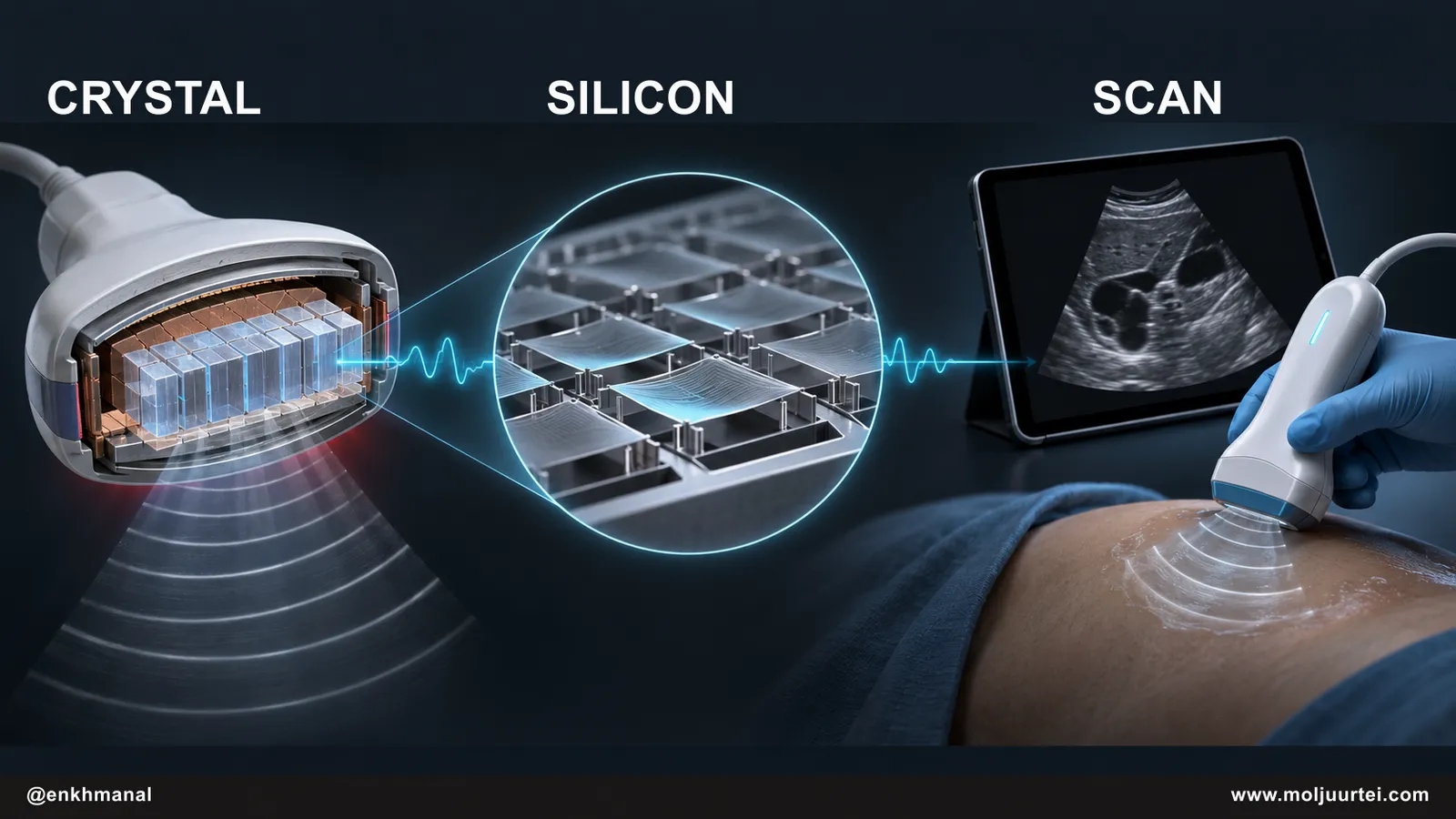 Crystal transducer to silicon membranes to handheld ultrasound image