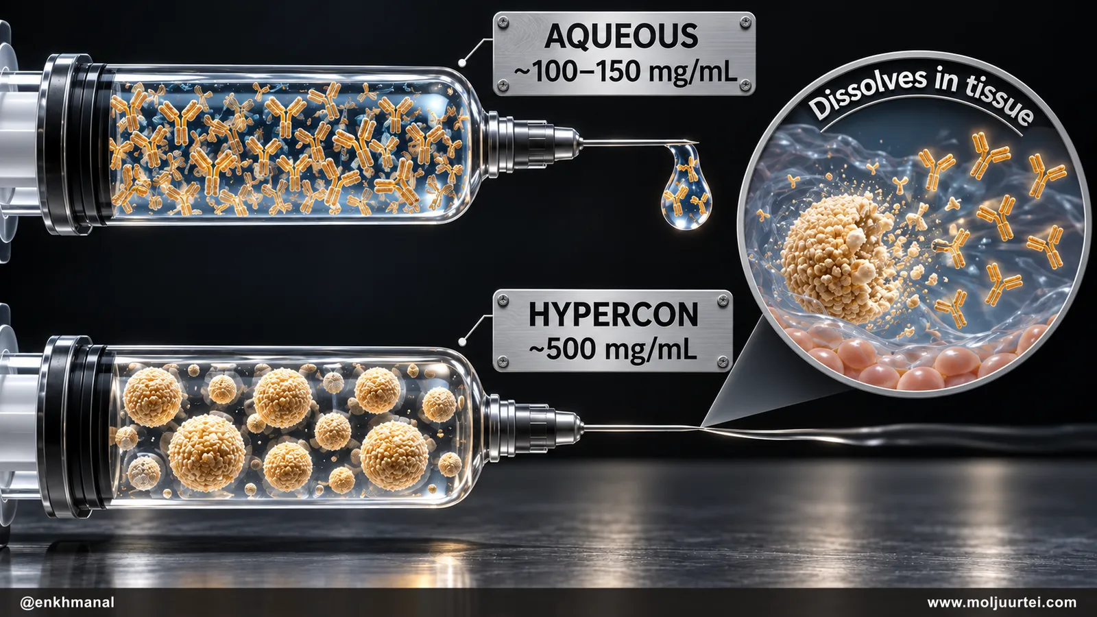 Two cutaway syringes compare aqueous antibody solution and concentrated Hypercon microparticles, which dissolve in tissue.