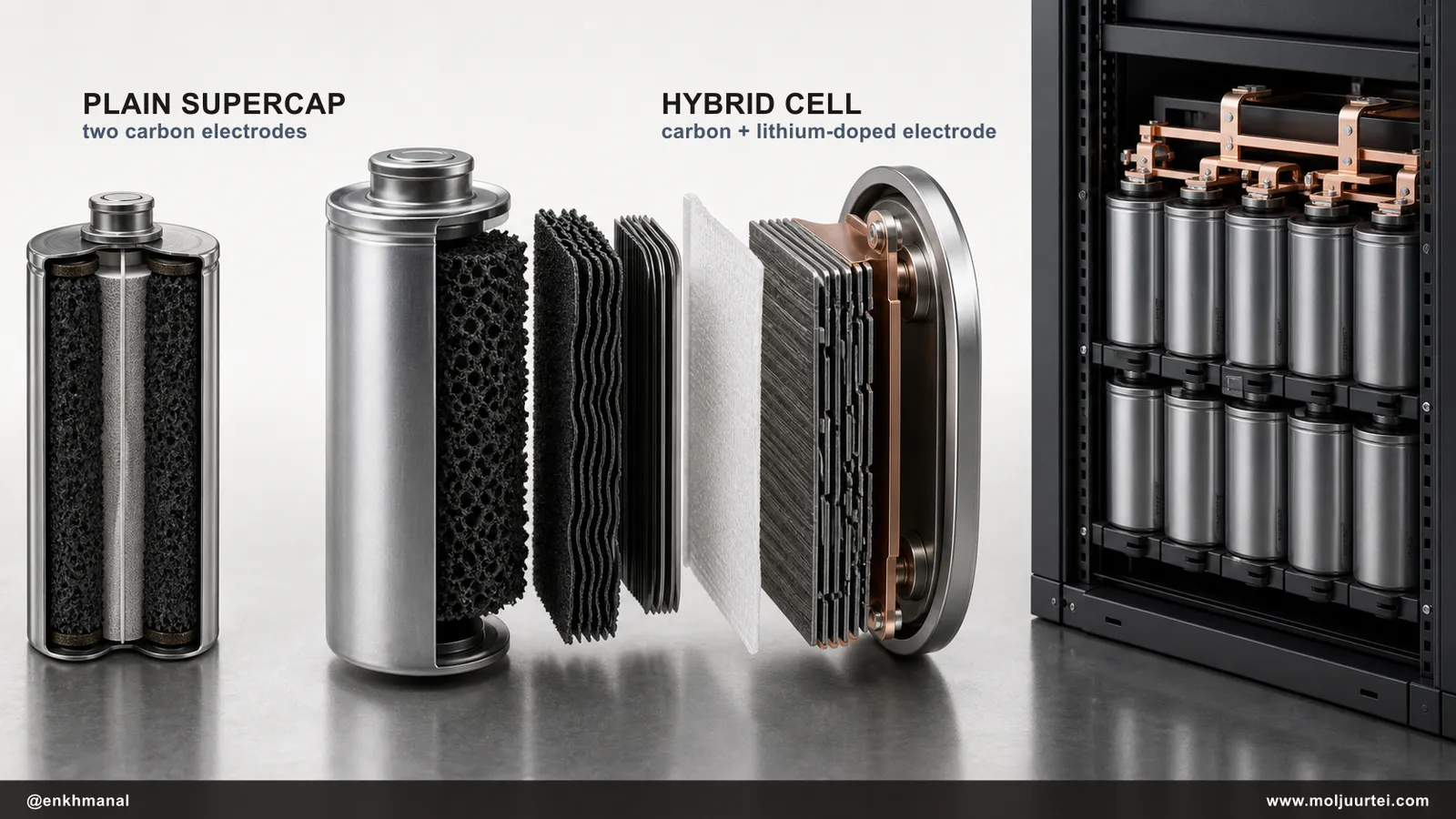 Cutaway comparison showing how a lithium-doped electrode gives the hybrid capacitor denser energy storage while preserving a short, fast power path for AI racks.