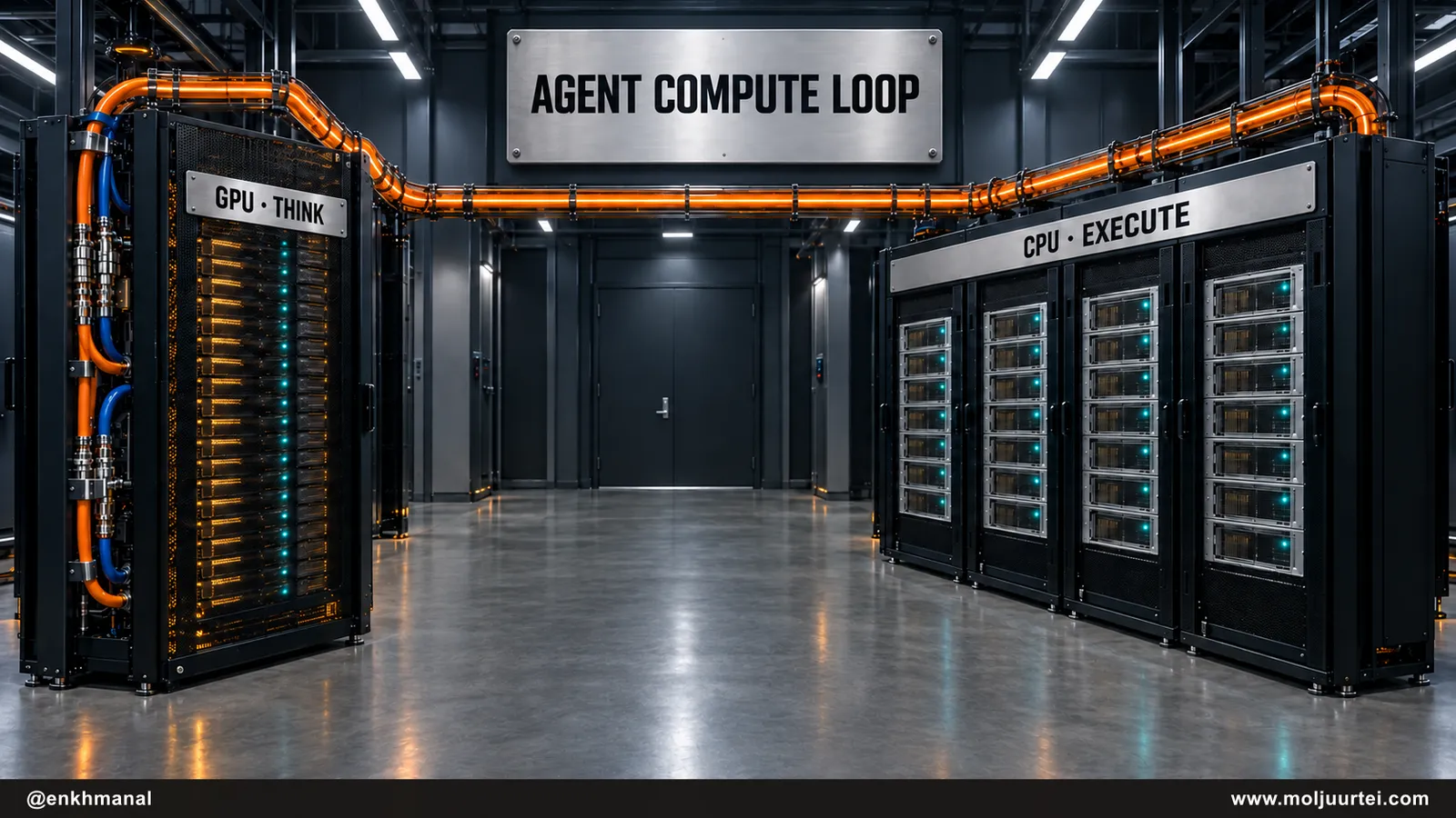 Illustrative agent compute loop linking a GPU rack to CPU racks; no numerical hardware ratio is asserted.