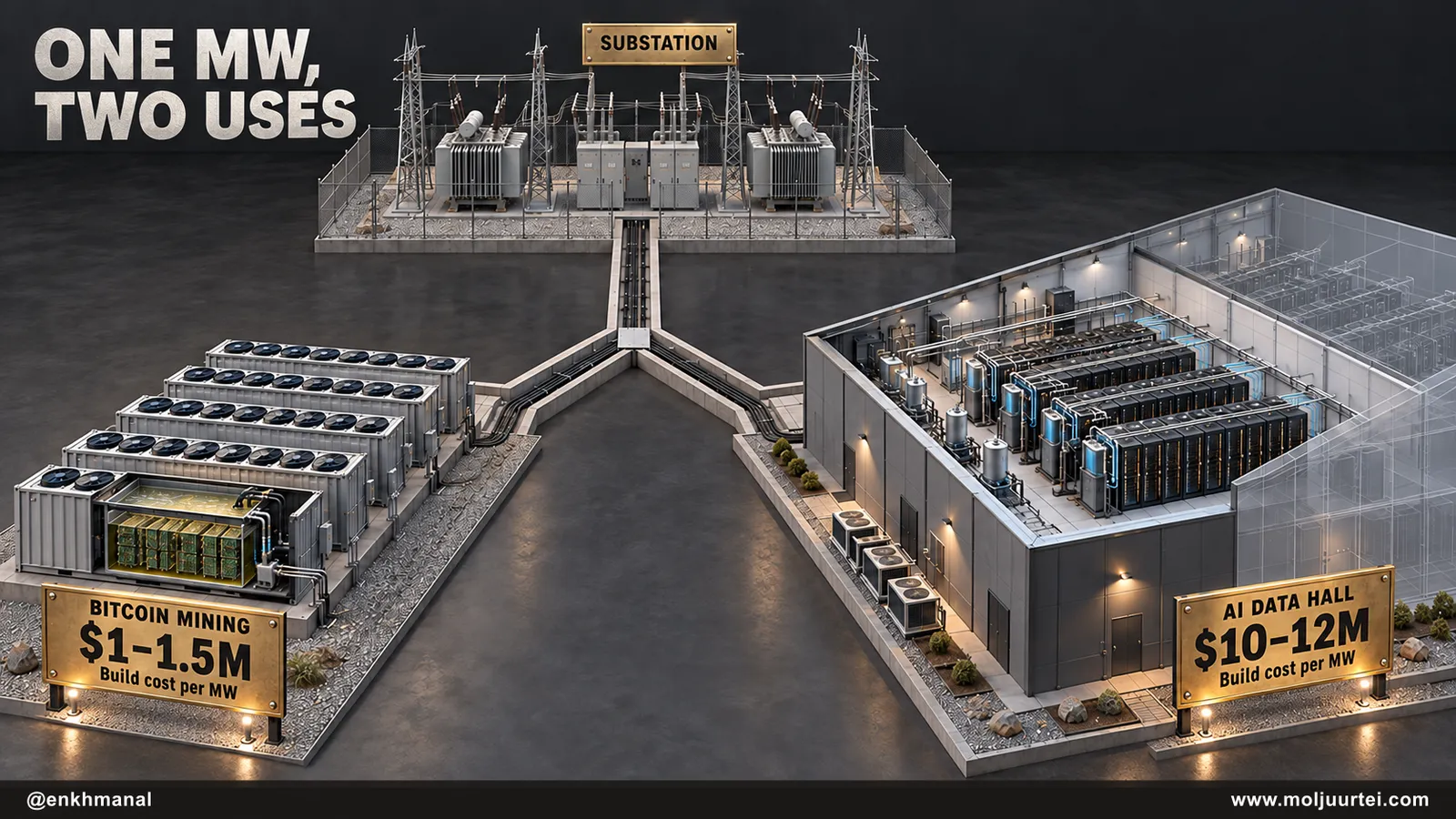 The same substation can feed bitcoin mining or a future AI data hall, with build costs of $1–1.5M and $10–12M per MW respectively