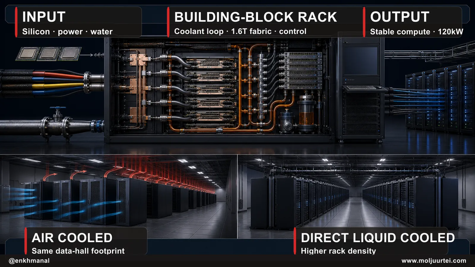 Cutaway showing silicon, power and water entering a liquid-cooled AI rack and stable compute leaving it, with air and liquid cooling compared below.