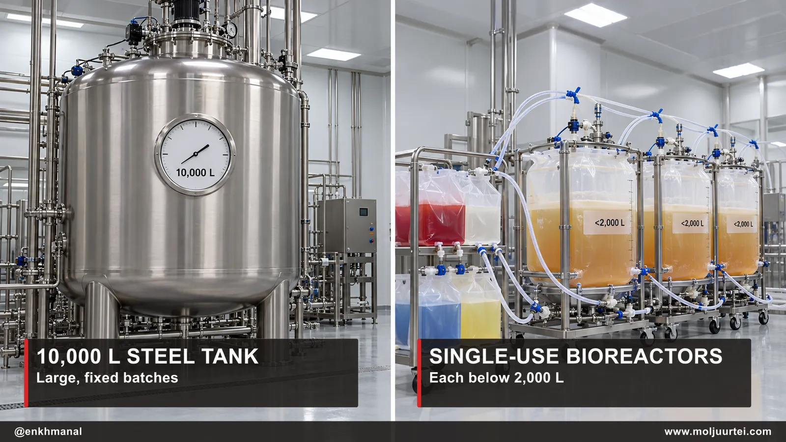 Large stainless tank beside several smaller disposable bioreactors fed by custom reagent bags