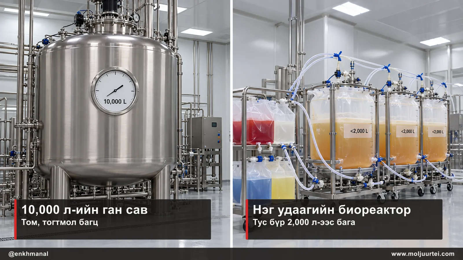 Том ган савны хажууд захиалгат урвалжийн уутнаас тэжээгддэг хэд хэдэн жижиг нэг удаагийн биореактор