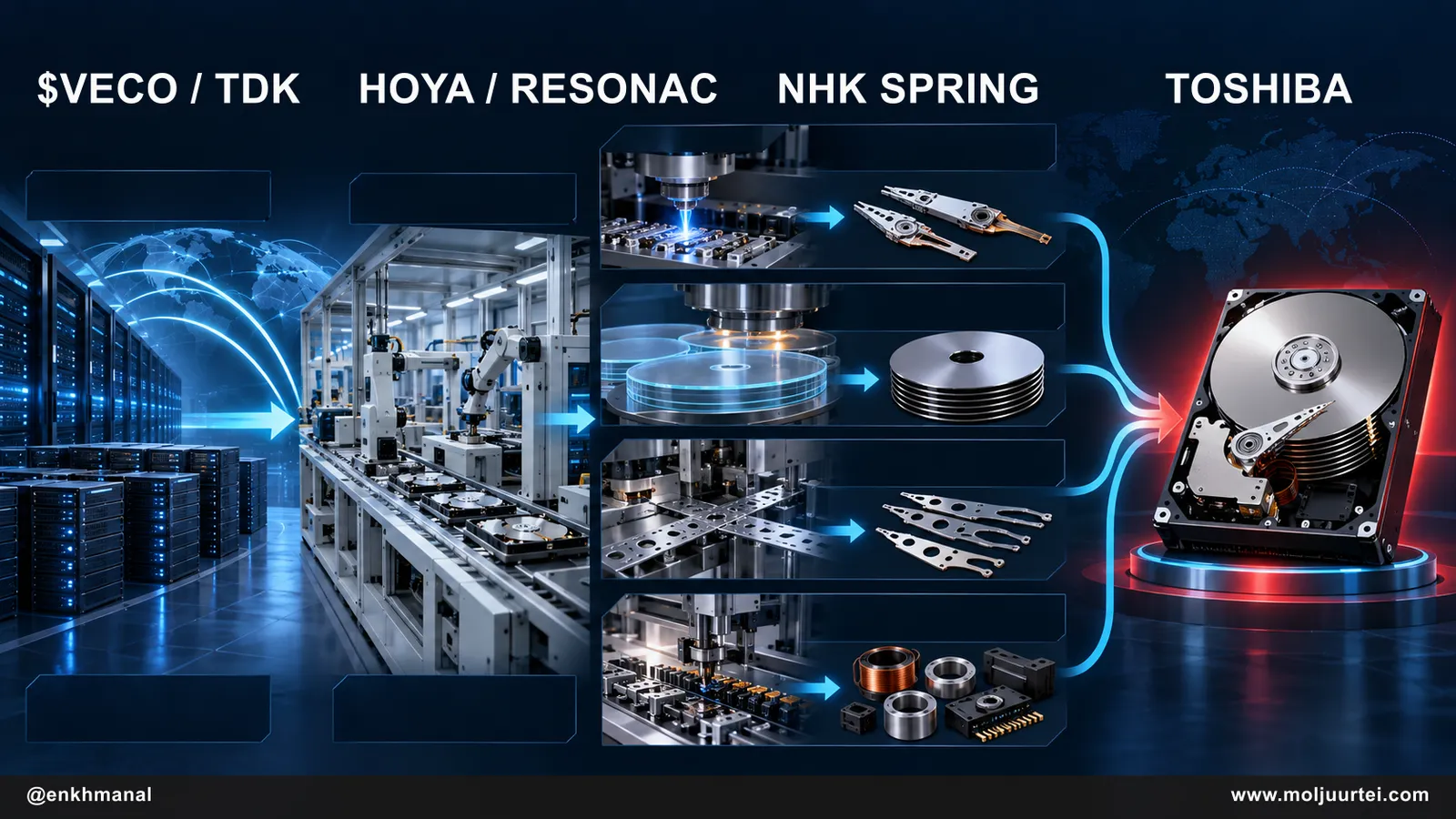 Toshiba хатуу дискний нийлүүлэлт: TDK толгойд Veeco төхөөрөмж, Resonac хавтанд Hoya шил, NHK Spring-ийн тогтоогч гар