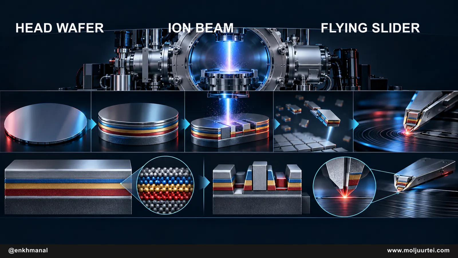 Ion-beam deposition and etch build a HAMR read-write head from wafer to flying slider
