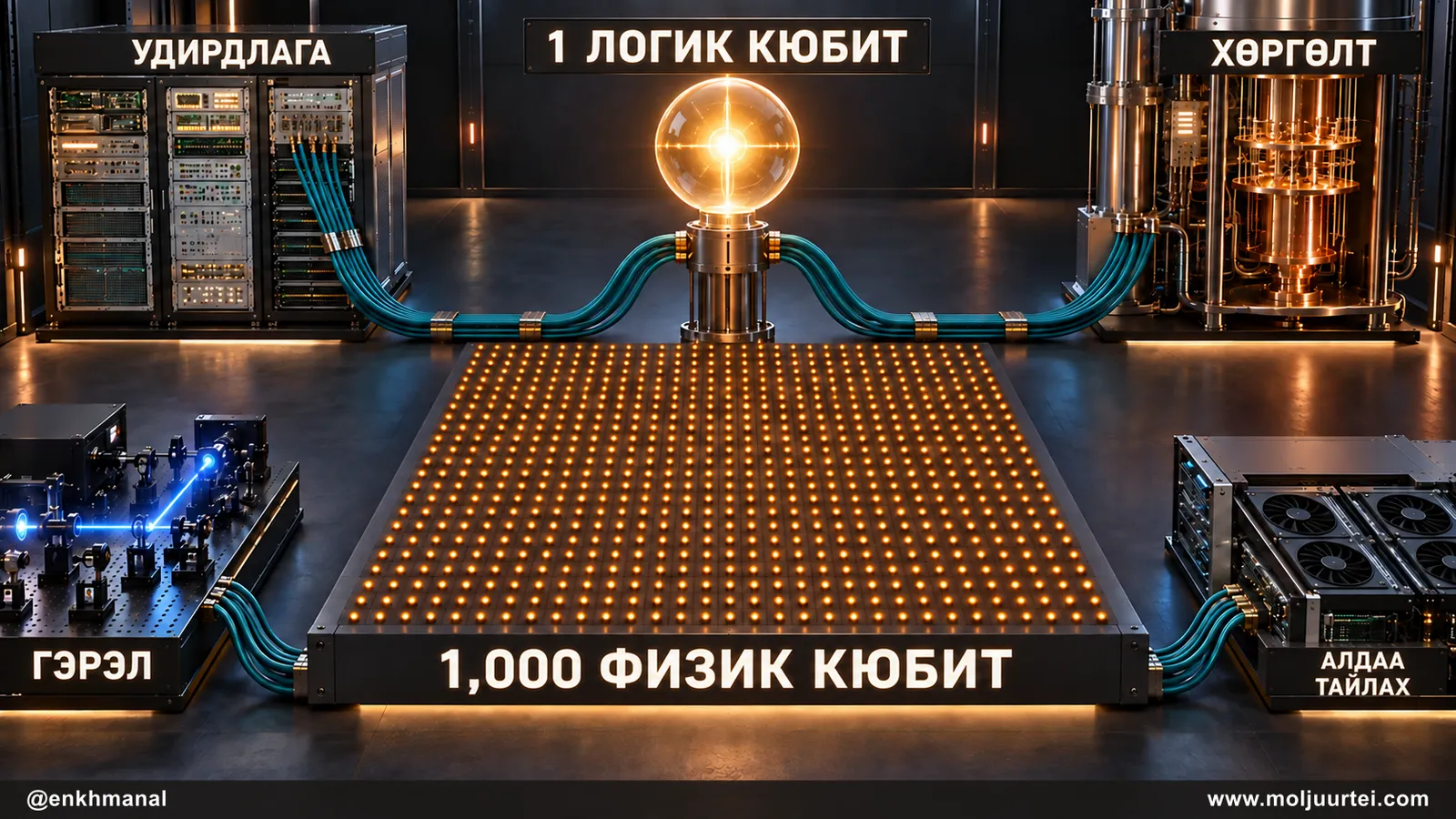 Нэг логик кюбитэд ойролцоогоор 1,000 физик кюбит, удирдлага, хөргөлт, гэрэл, алдаа тайлах төхөөрөмж хэрэгтэйг харуулсан бүдүүвч