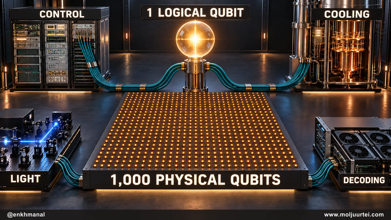 Conceptual illustration of one logical qubit supported by roughly 1,000 physical qubits and control, cooling, light and decoding equipment