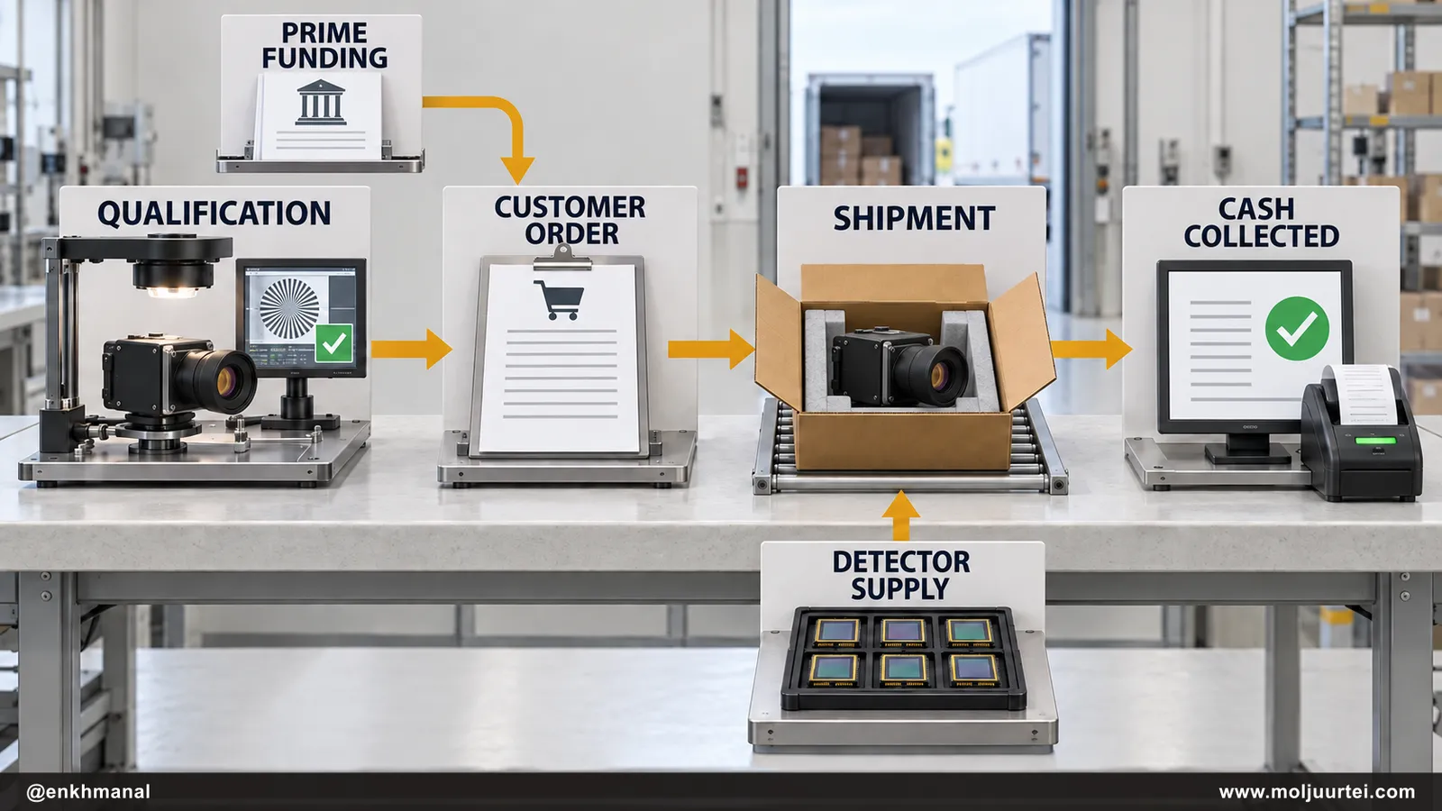 From qualification to customer orders, shipment and cash collection; prime funding and detector supply enter at different stages.