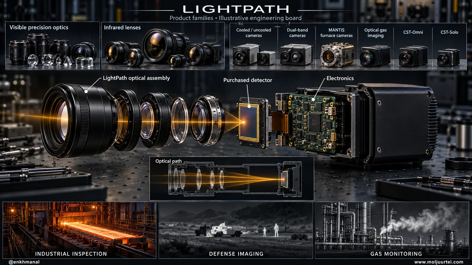 LightPath компанийн бүтээгдэхүүнүүд, камерын дотоод бүтцийн жишээ. Гаднаас авсан мэдрэгчийг оптикийн угсралтаас тусад нь харуулав.