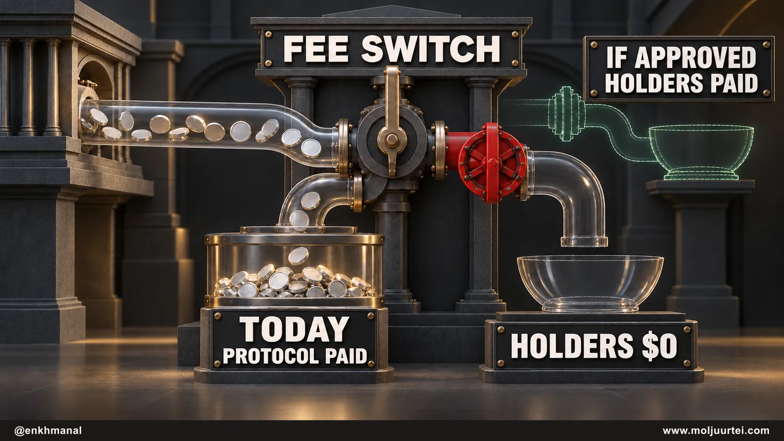 Fee switch: protocol fees accrue today while token holders receive $0; holder revenue is conditional on activation