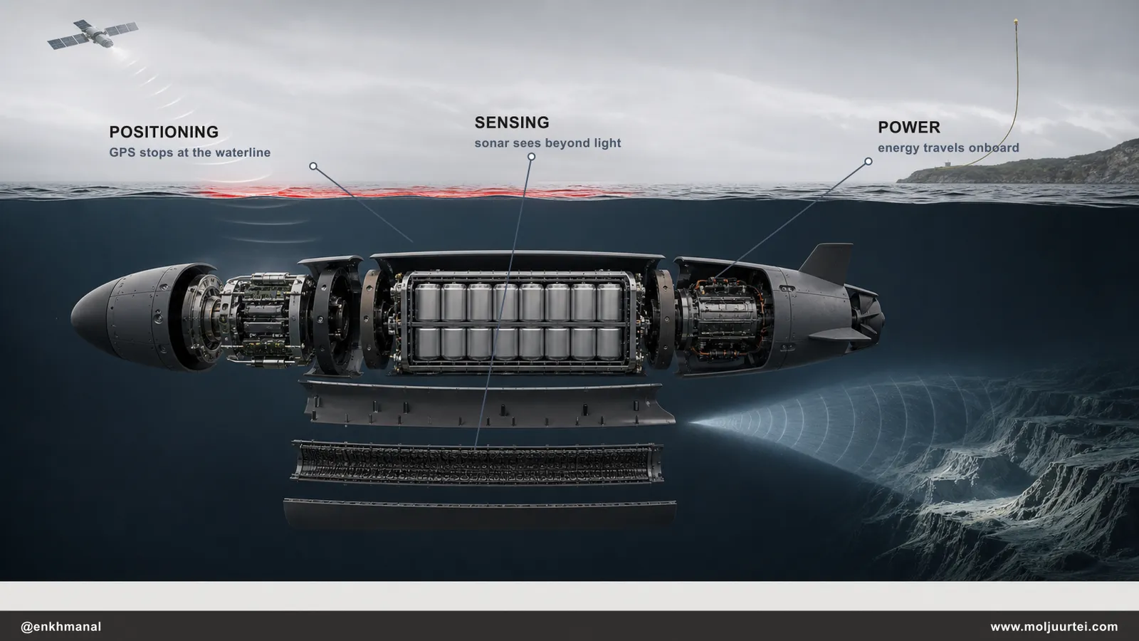 Exploded AUV cutaway showing acoustic positioning, sonar sensing, and onboard battery power solving the three physical constraints of underwater autonomy.