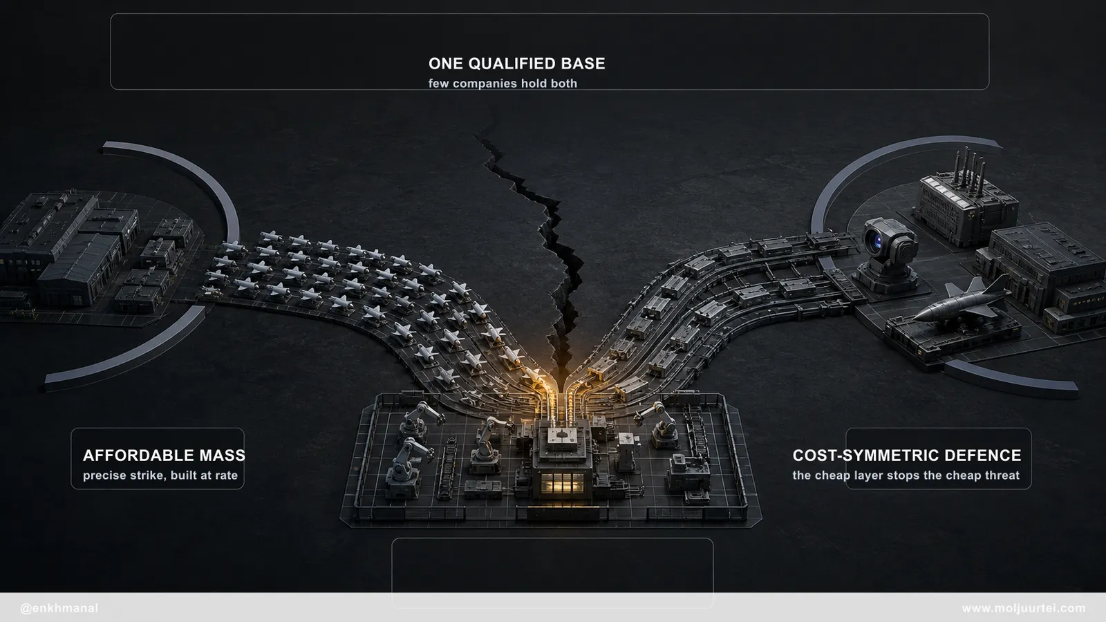 Affordable-mass strike and cost-symmetric defense converge on one qualified production base.