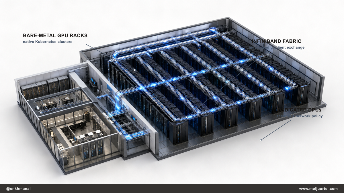 Cutaway of CoreWeave's bare-metal GPU cluster linking racks through a high-speed fabric while separate control modules preserve tenant isolation.