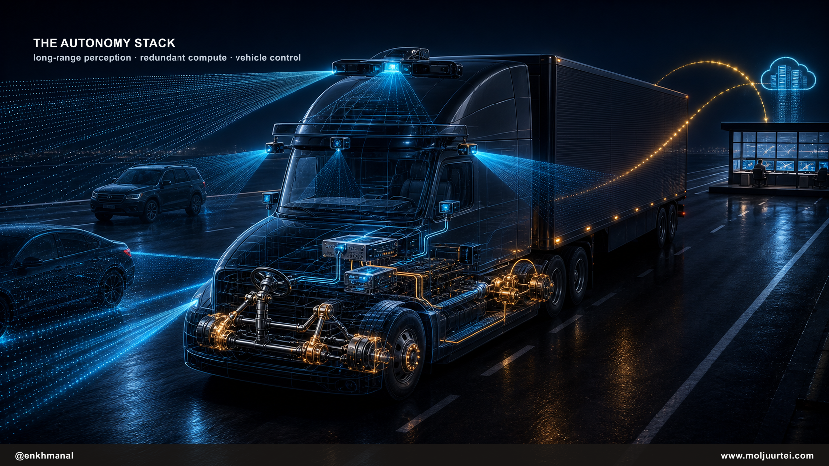 Aurora Driver autonomy stack visualized through sensing, compute, and redundant truck controls