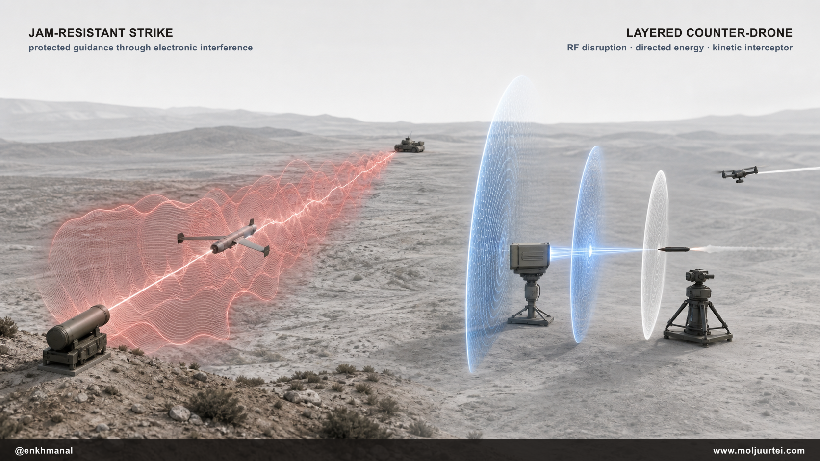 A cutaway shows a jam-resistant loitering-munition strike chain beside a three-layer counter-drone defense stack
