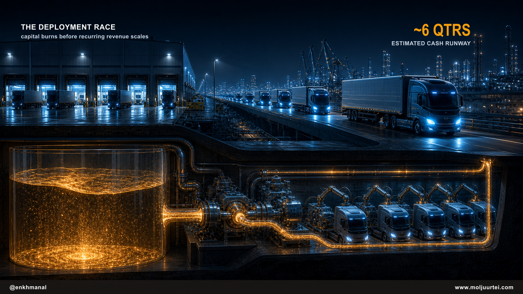 Capital is converted into autonomous truck deployment before recurring revenue reaches scale