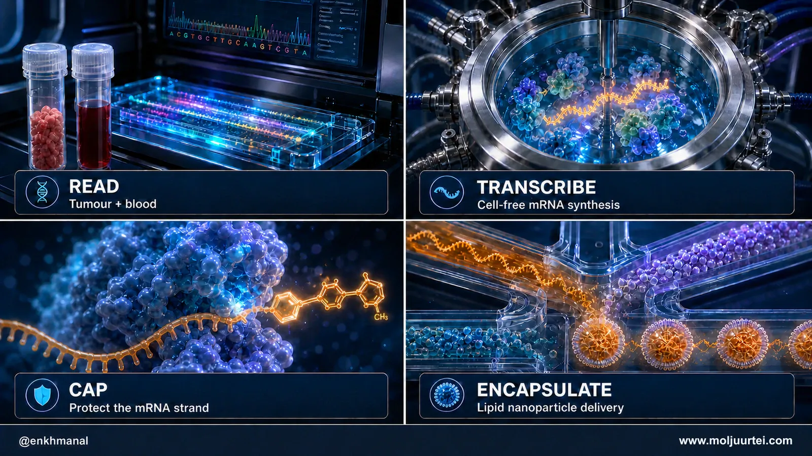 Four vivid panels showing tumour and blood sequencing, cell-free mRNA transcription, mRNA capping, and lipid nanoparticle delivery