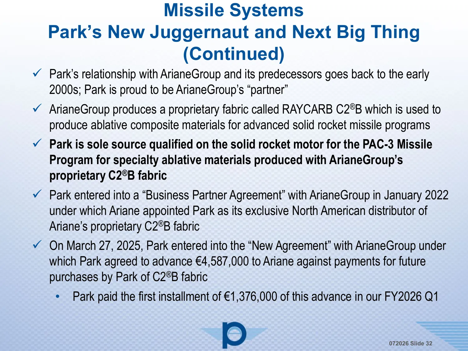 Park Aerospace presentation slide on sole-source PAC-3 ablative qualification and the ArianeGroup fabric agreement