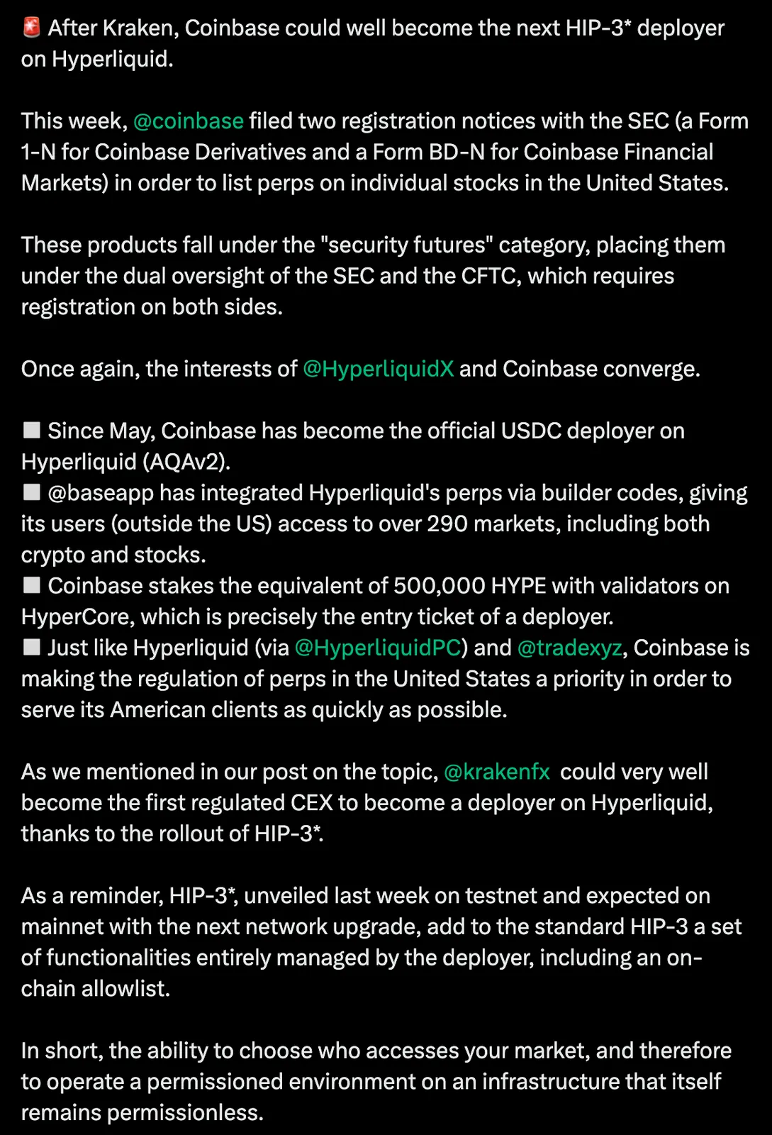 OAK Research: Coinbase-ийн Form 1-N, BD-N ба HIP-3 allowlist