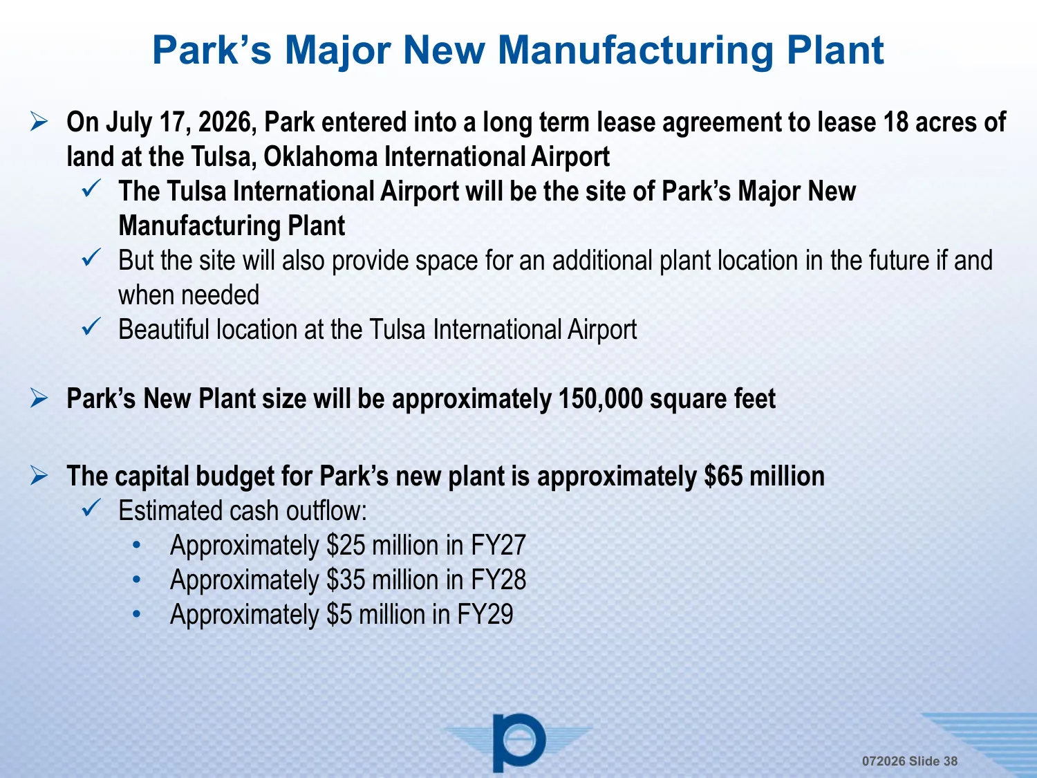 Park Aerospace presentation slide on the new Tulsa manufacturing plant and its capital budget