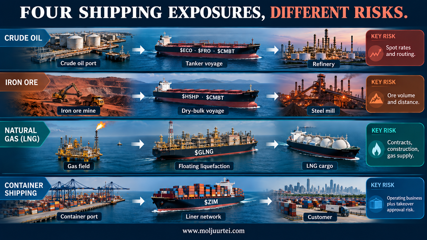 Four distinct exposures: crude transport, dry bulk, floating liquefaction and container shipping. Tickers mark where each business participates.