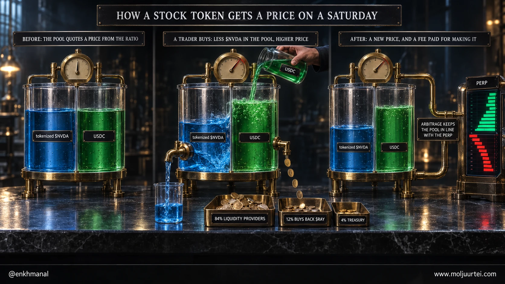 Stock token бямба гарагт хэрхэн үнэтэй болдог вэ: токенжуулсан $NVDA ба USDC-ийн AMM сан арилжааны өмнө, худалдан авалтын үед, дараа нь, шимтгэлийн хуваарилалт 84% хөрвөх чадвар нийлүүлэгчид, 12% $RAY буцаан авалт, 4% сан