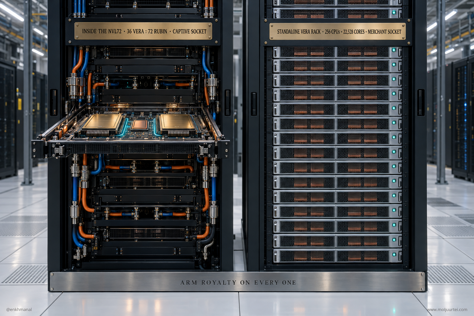 Зэрэгцээ хоёр систем: NVL72-ийн сугалсан тавцанд хоёр Rubin GPU-ийн хооронд нэг Vera CPU; хажууд нь нийт зах зээлд тусад нь борлуулах 256 CPU, 22,528 цөмтэй Vera тавиур. Arm хоёр тохиолдолд хоёуланд лиценз ашигласны төлбөр авна.