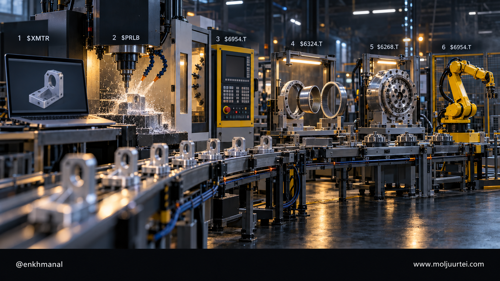 The robot parts chain from CAD quote to finished arm, with Xometry, Proto Labs, FANUC, Harmonic Drive and Nabtesco at their steps