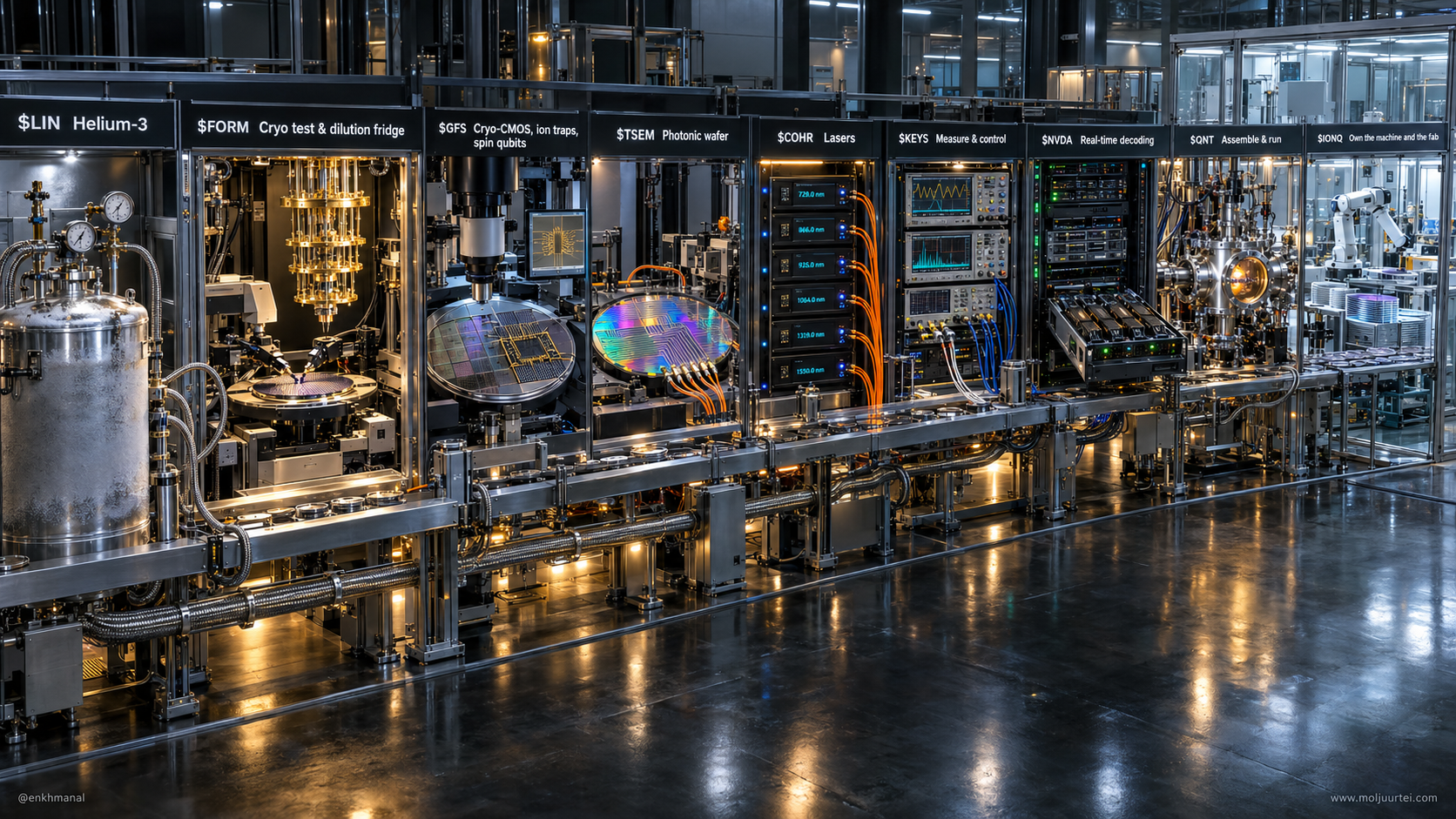 The quantum supply chain drawn as one production line from helium-3 to the running machine, with the listed name that dominates each station