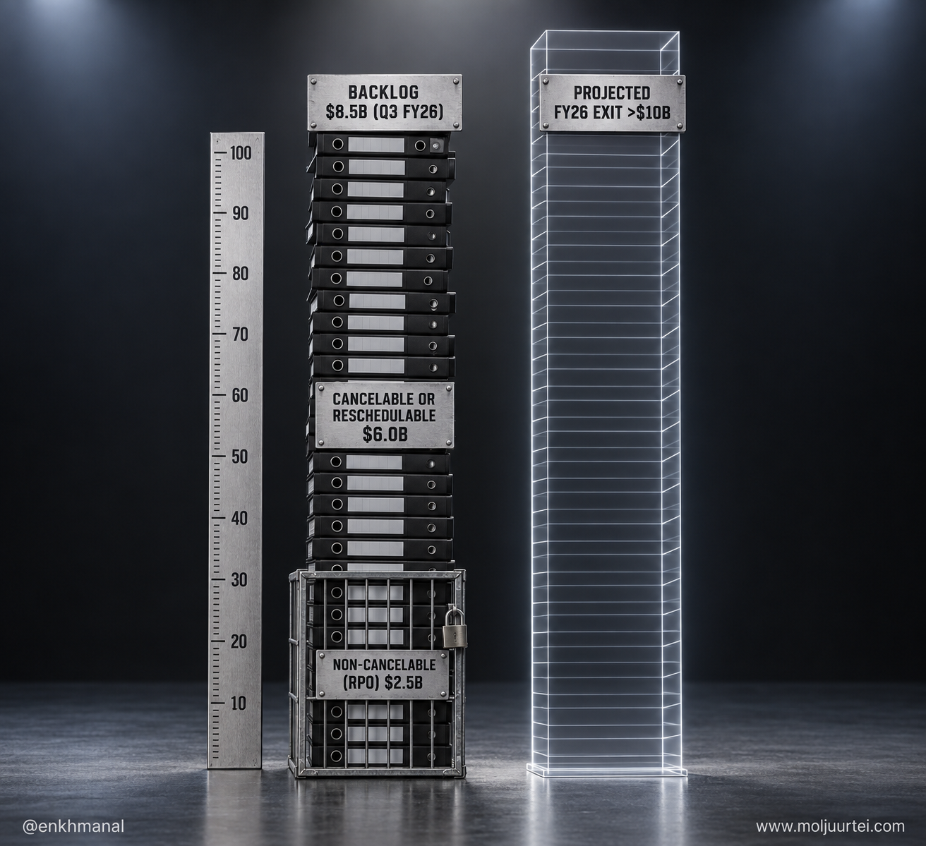 Backlog of $8.5B drawn as a stack of binders with only the bottom $2.5B caged as non-cancelable