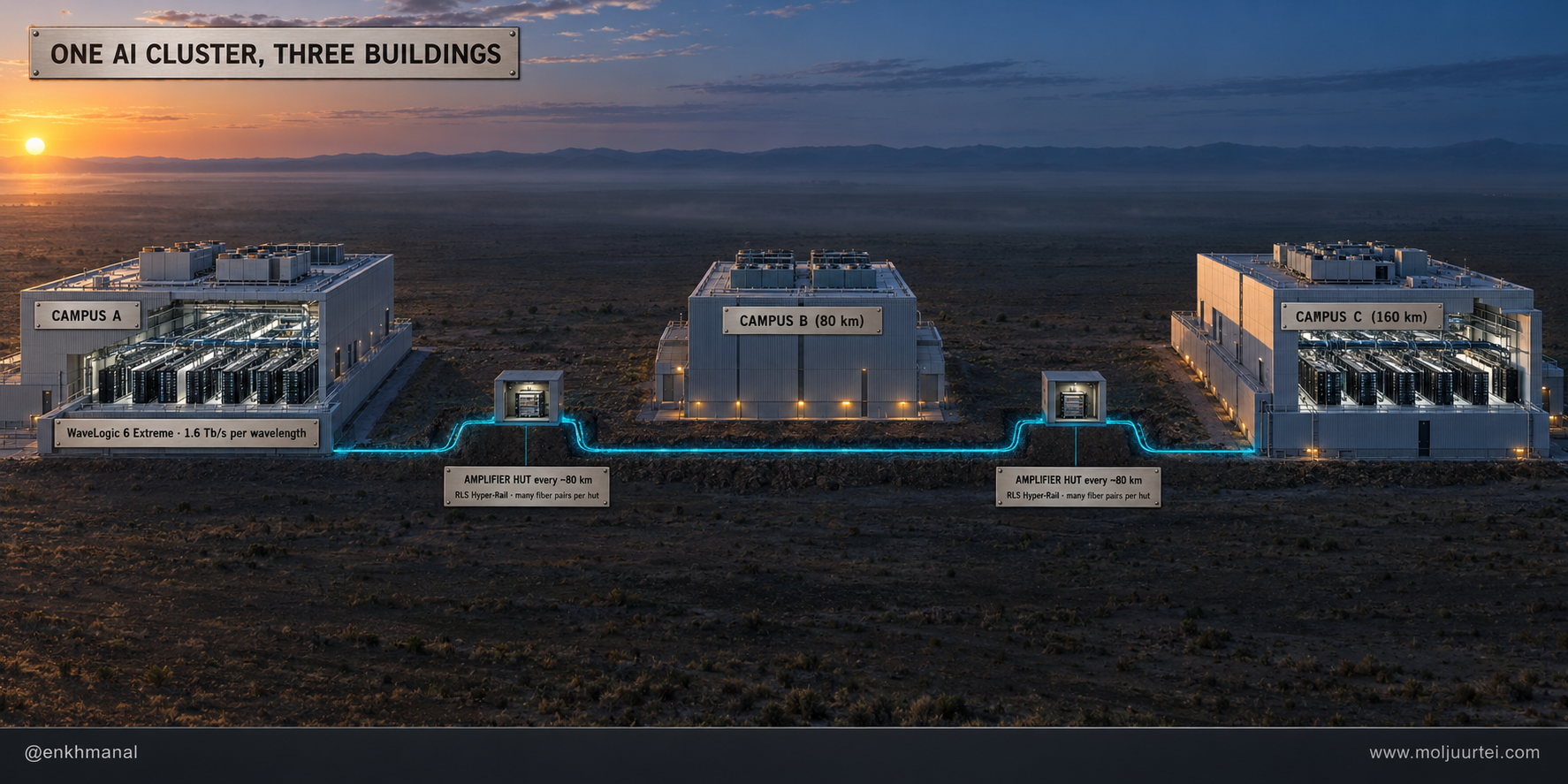 Three data center campuses 80 and 160 km apart linked by fiber routes with amplifier huts, operating as one AI cluster