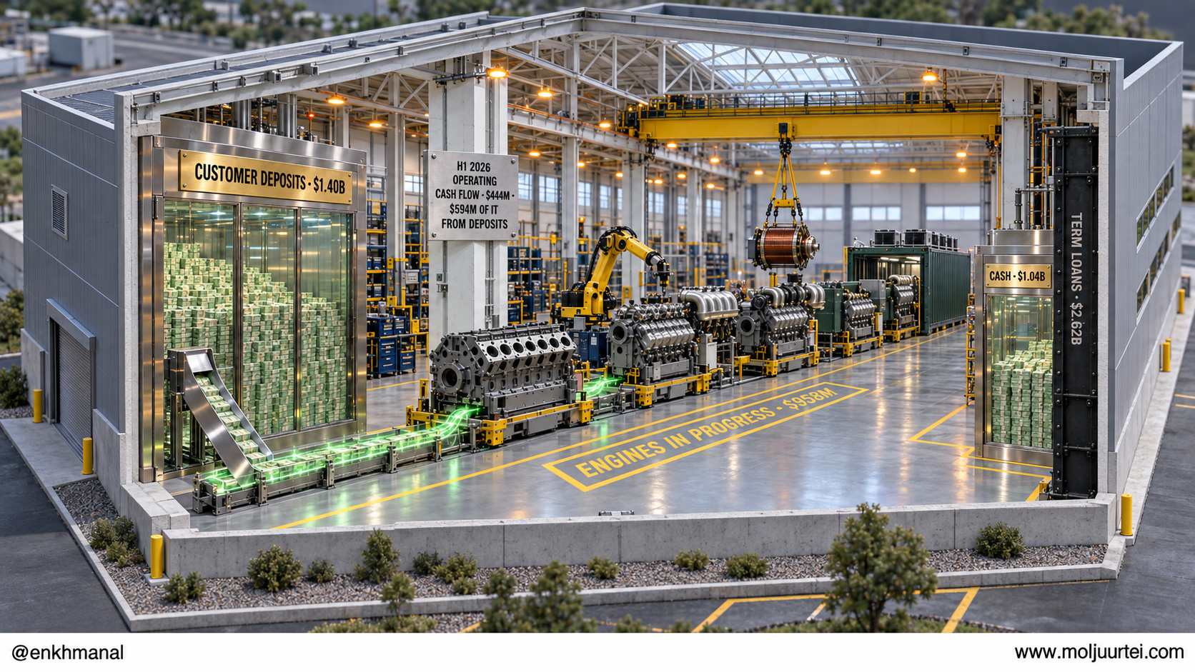 Cutaway of the Jenbach assembly hall: customers' deposits fill a large glass vault on the left and flow into half-built J624 engines on the line, while a smaller vault of the company's own cash stands beside a column engraved with the term loans