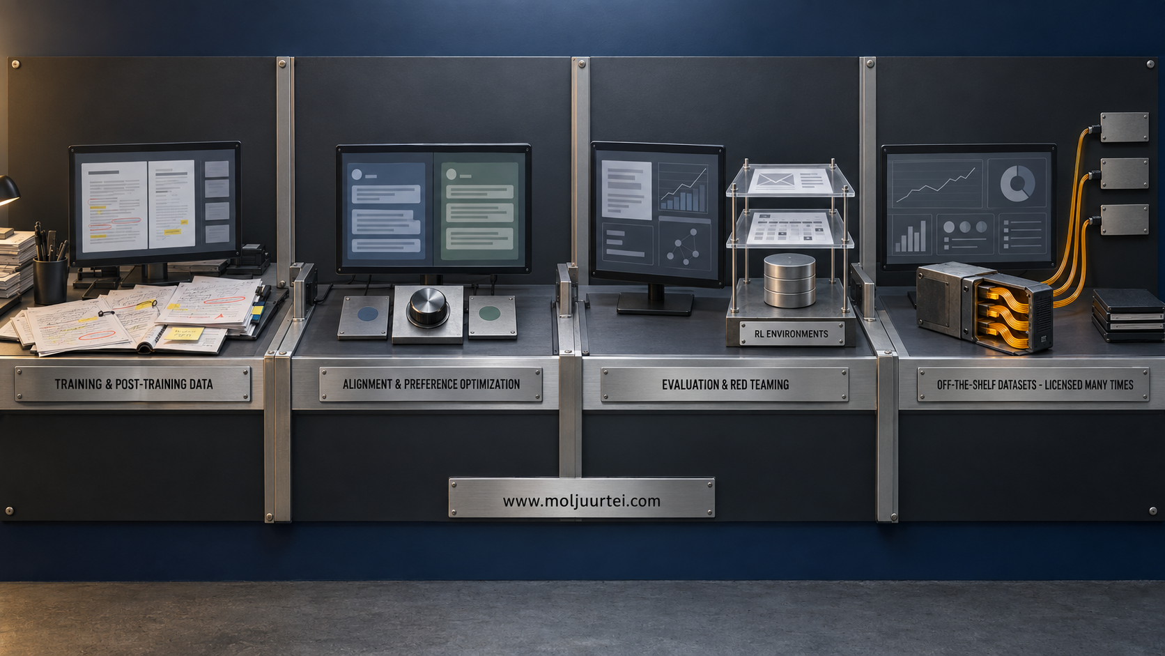 Product portfolio poster of Innodata's four lines as four bench workstations: training and post-training data, alignment and preference optimization, evaluation and red teaming with a reinforcement-learning environment exploded into three separated layers, and off-the-shelf datasets shown as one cartridge feeding three separate labs