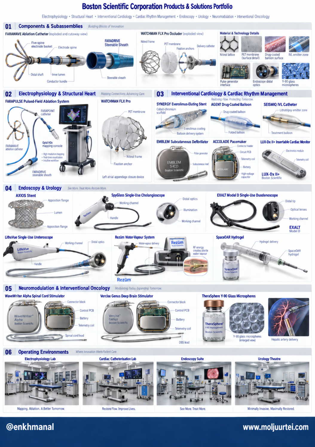 An engineering board laying out Boston Scientific's eight device families, with the FARAWAVE ablation catheter and the WATCHMAN occluder shown exploded and the catheter tip in cutaway