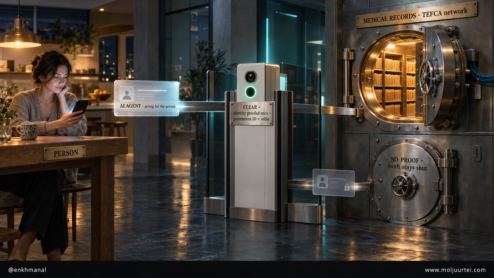 A person's AI agent reaching a medical-records vault only after passing a CLEAR identity gate
