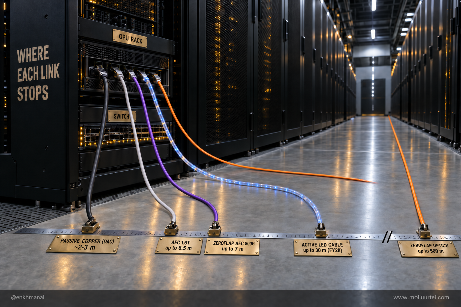 Reach ladder in a data-centre aisle: passive copper about 2-3 m, Credo AEC 1.6T up to 6.5 m, ZeroFlap AEC 800G up to 7 m, Active LED Cable up to 30 m, ZeroFlap optics up to 500 m