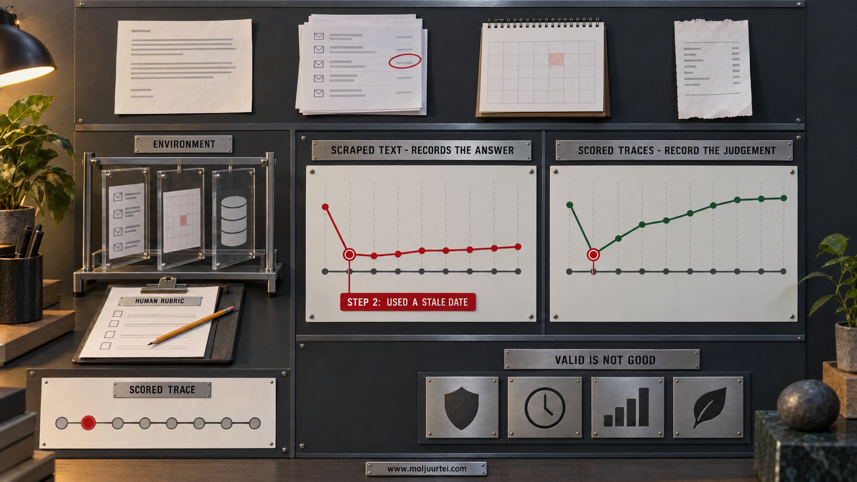 Technology poster showing a reinforcement-learning environment: inputs as task, inbox, calendar and budget cards; an environment rig of stacked acrylic layers beside a human rubric clipboard; and two nine-step panels comparing an agent trained on scraped text, which fails at step two and flatlines, with one trained on scored traces, which dips at step two and recovers