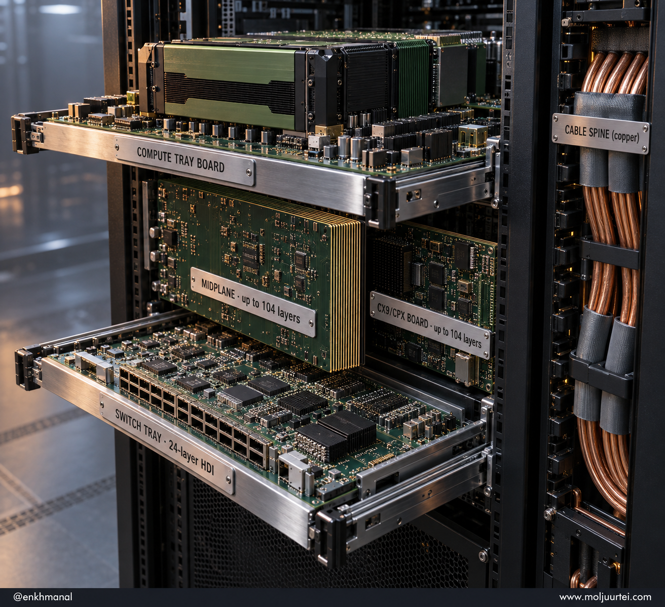 Cutaway of an AI rack showing switch tray, midplane, network and compute boards, the multilayer circuit boards that now carry its wiring