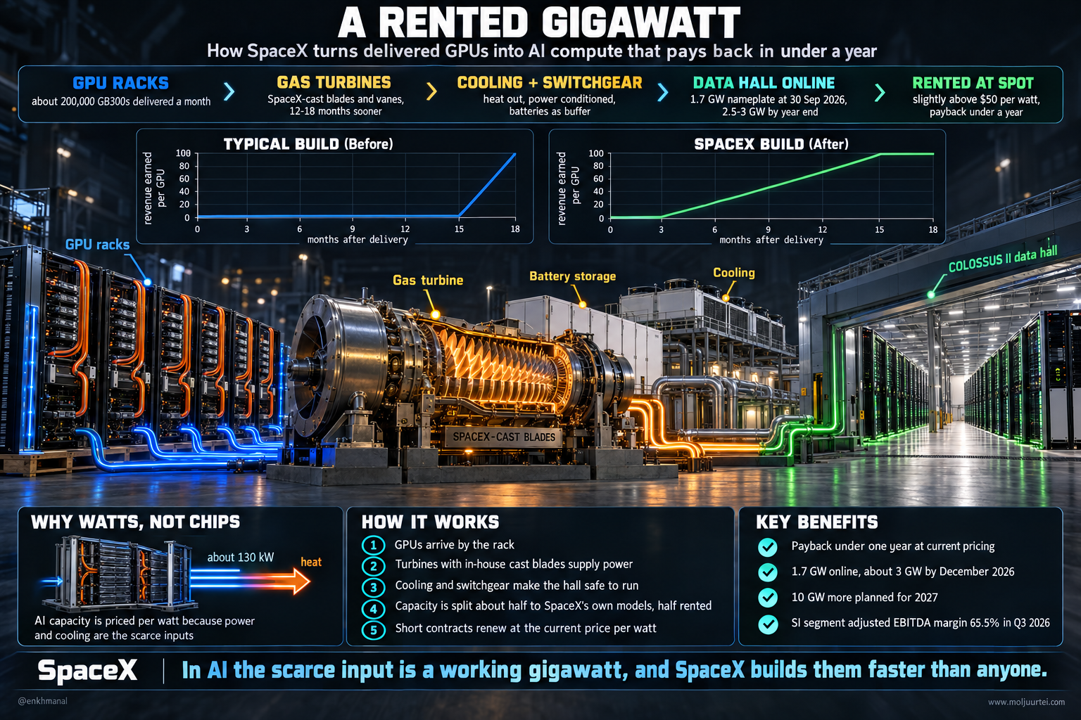 Technology poster: GPU racks, a gas turbine with SpaceX-cast blades, cooling and the COLOSSUS II data hall, with before and after revenue curves