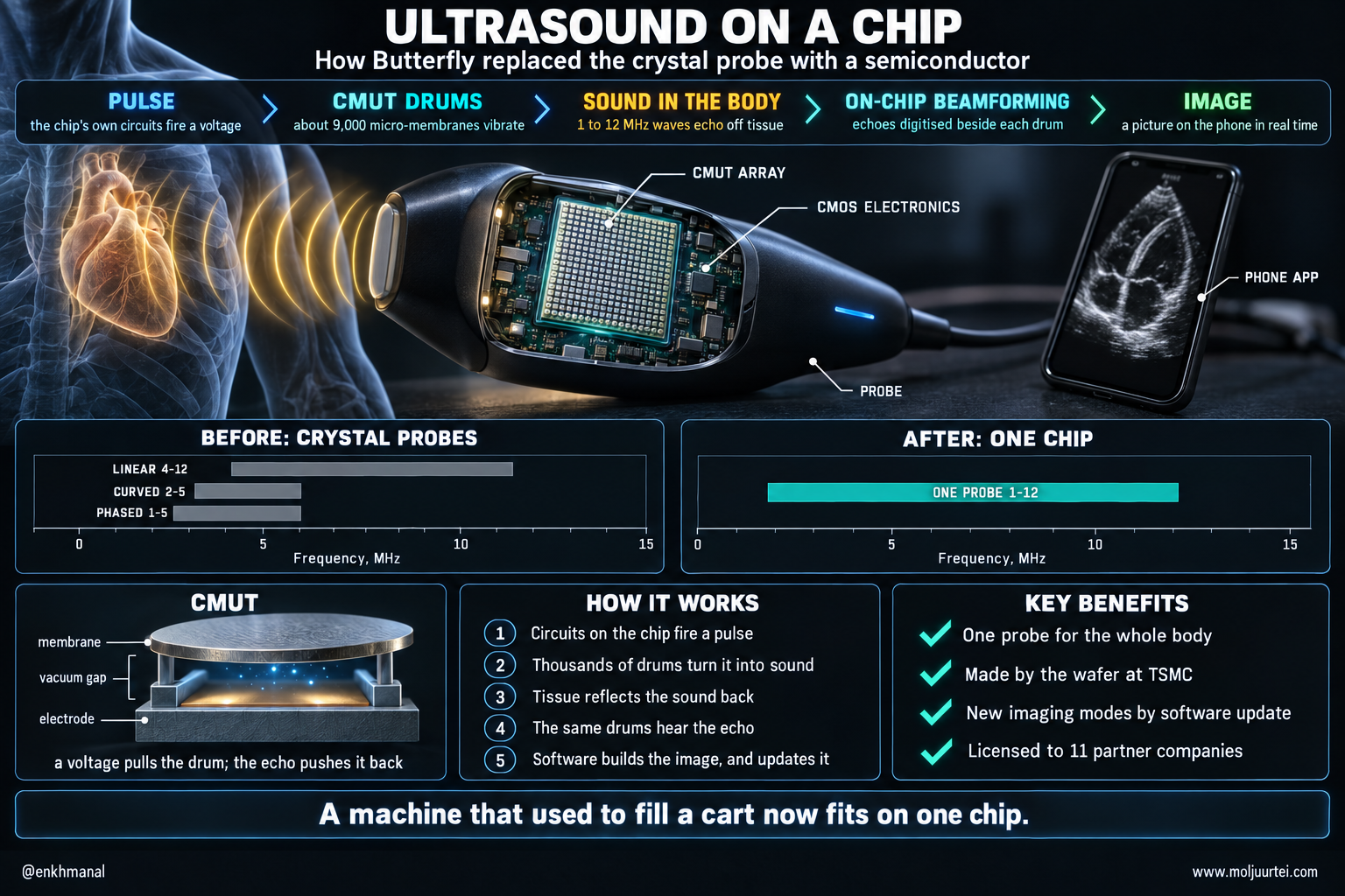 Technology poster: how Butterfly's Ultrasound-on-Chip turns a pulse into an image and replaces three crystal probes with one