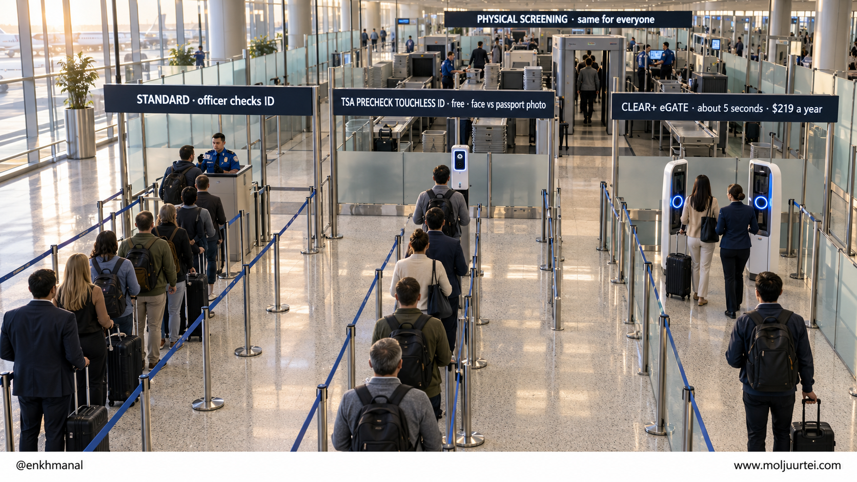 One airport checkpoint with a standard ID lane, a free TSA Touchless ID lane and a CLEAR eGate lane feeding the same screening belt