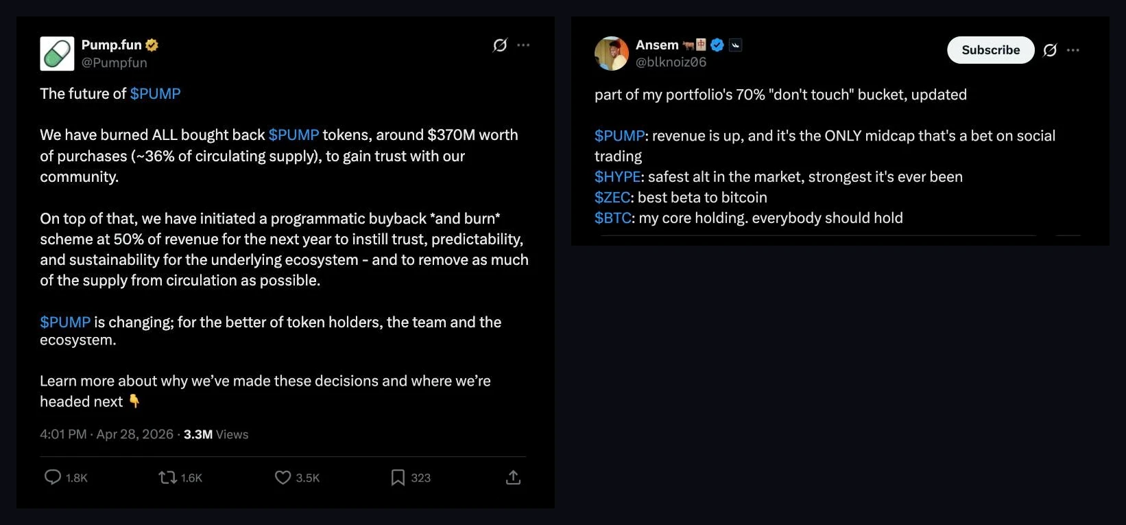 Post screenshots: @Pumpfun's 28 April 2026 burn announcement and Ansem's 27 August portfolio post naming $PUMP