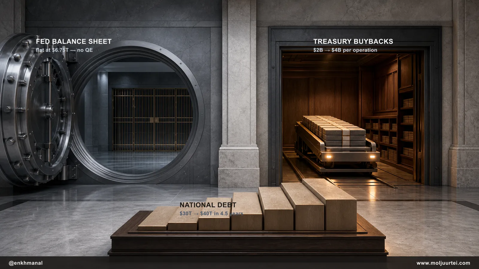 An inactive central-bank vault beside an active Treasury bond-buyback room and a rising national-debt ledger