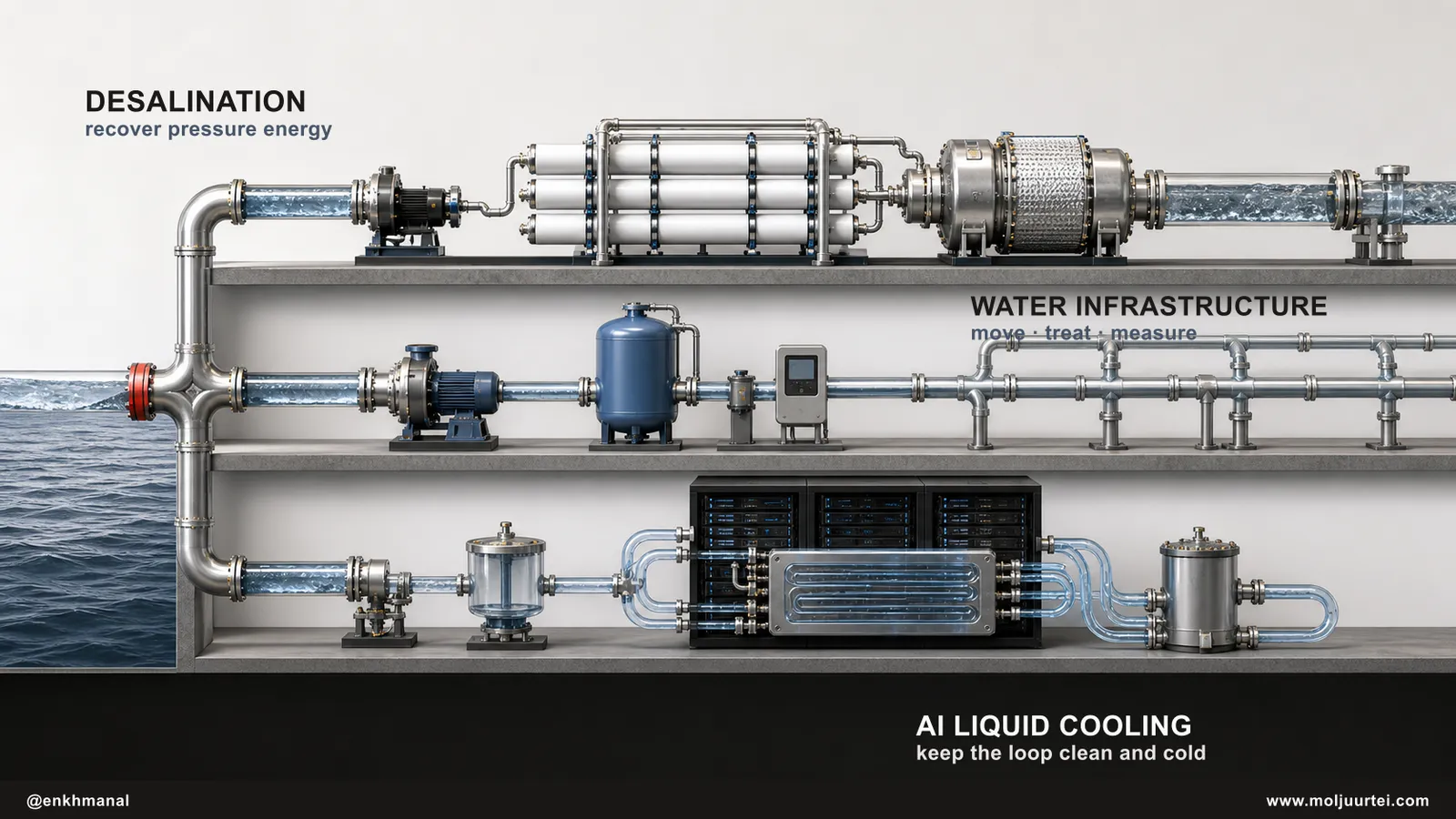 One water flow splits into desalination energy recovery, broad water infrastructure, and a closed AI liquid-cooling loop.