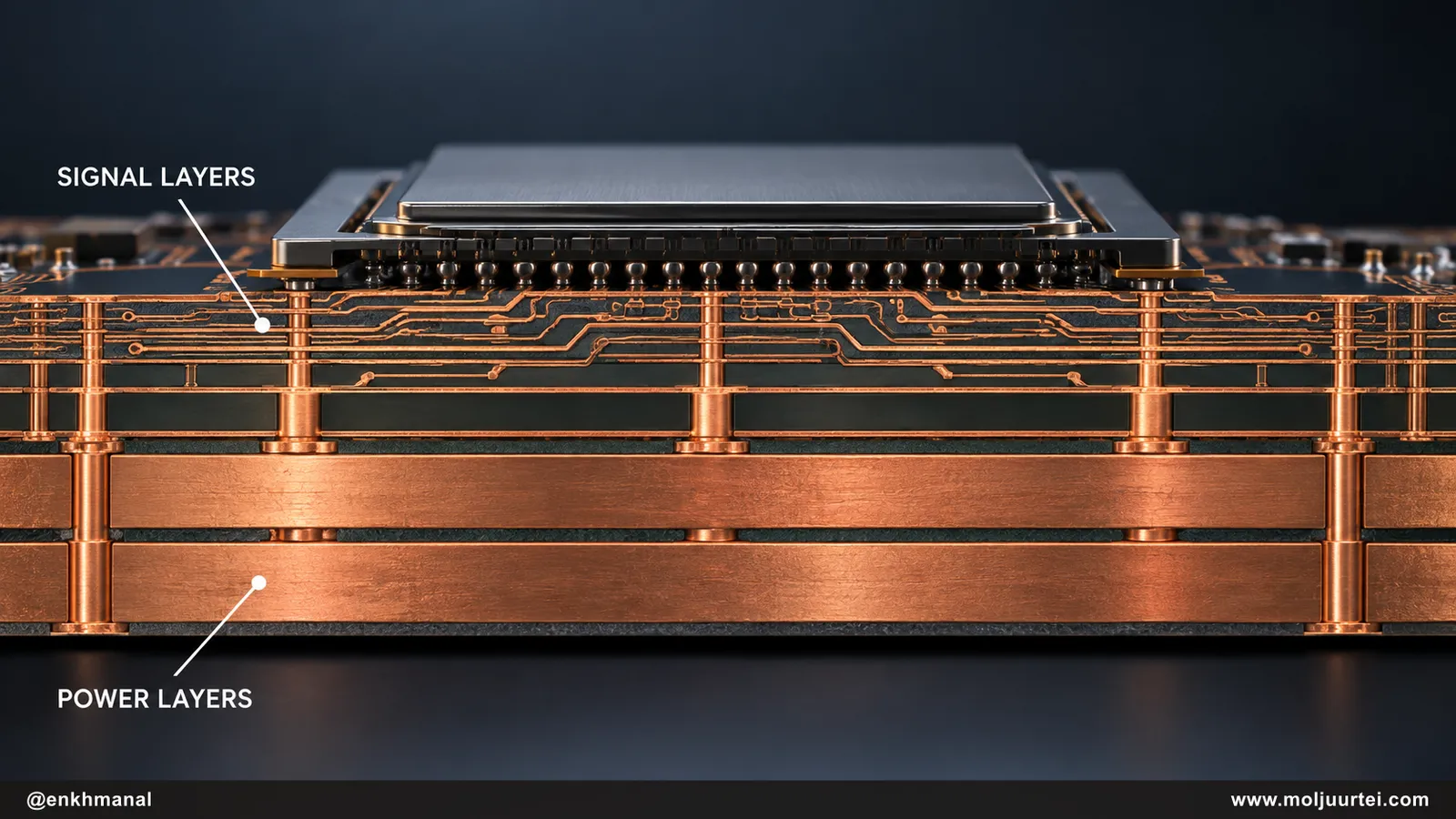 N+M board cross-section with fine upper signal layers and thick lower power layers