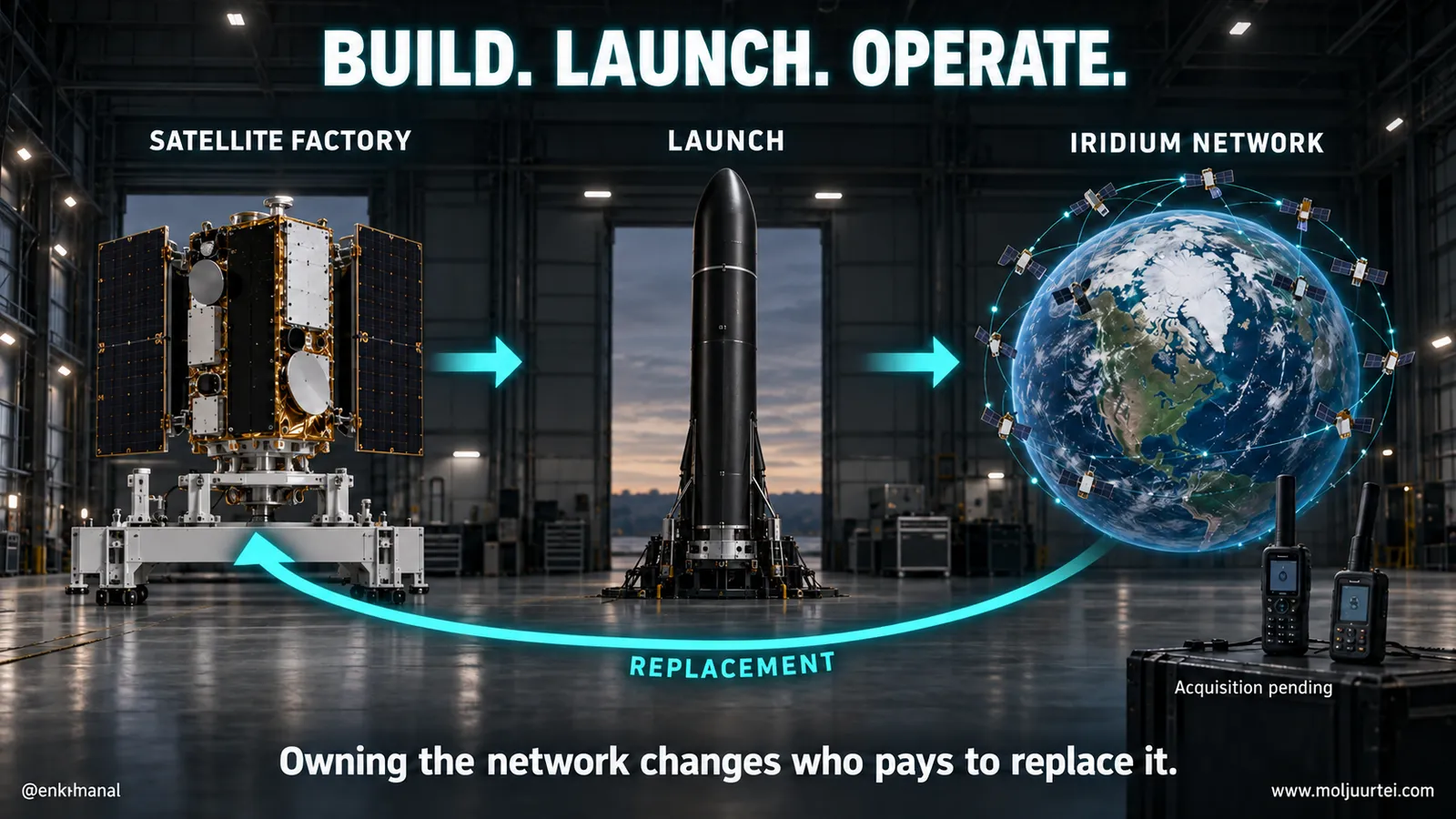 Build, launch and operate a satellite network, with replacement returning to the factory